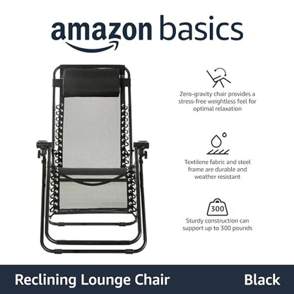 Amazon Basics Outdoor Textilene Adjustable Zero Gravity Folding Reclining Lounge Chair with Pillow, 26", Black