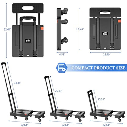 SOYO Folding Hand Truck, 500lbs Heavy Duty Dolly, Portable 6 Wheels Collapsible Luggage Cart with 2 Elastic Ropes for Moving, Travel, Shopping, House Office Use, Black