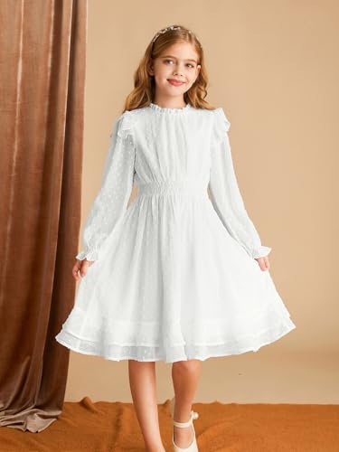 GRACE KARIN Girls Casual Long Sleeve Dress Round Neck Ruffles Double Layer Hem Swiss Dot Girls Dress with Elastic Waist Beige 8Y