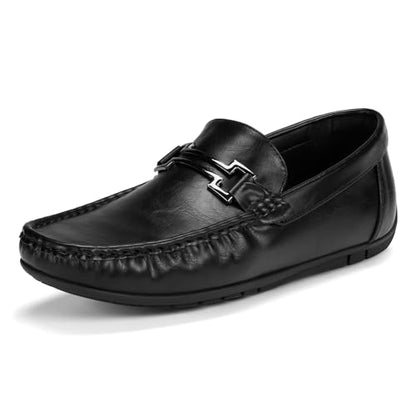 HEEZ Men's Loafers, Casual Slip On Shoes, Soft Penny Loafers, Comfortable Flats Dress Shoes, Leather Driving Boat Shoes with Arch Support, Square Toe, TPR Anti-Slip Outsole, Black, Size 11