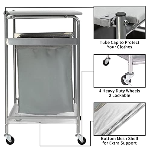 ALIMORDEN Laundry Sorter with Sturdy Ironing Board and Folding Table Top Lid, Laundry Hamper Organizer with 4 Wheels for Laundry Room Grey