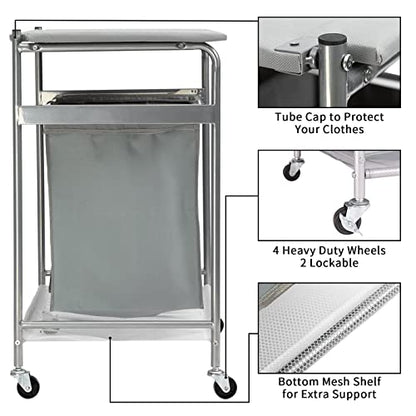 ALIMORDEN Laundry Sorter with Sturdy Ironing Board and Folding Table Top Lid, Laundry Hamper Organizer with 4 Wheels for Laundry Room Grey
