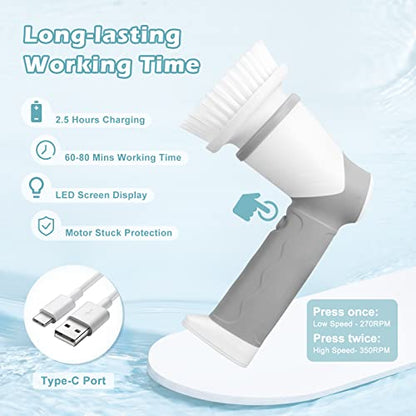Electric spin scrubber,electric Spin Cleaning Brush IPX7 Waterproof with 6 Replaceable Brush Heads Dual Speed Led Display,Cordless Power Spin Scrubber for Bathroom/Floor/Tile/Tub/Kitchen/Stove/Car