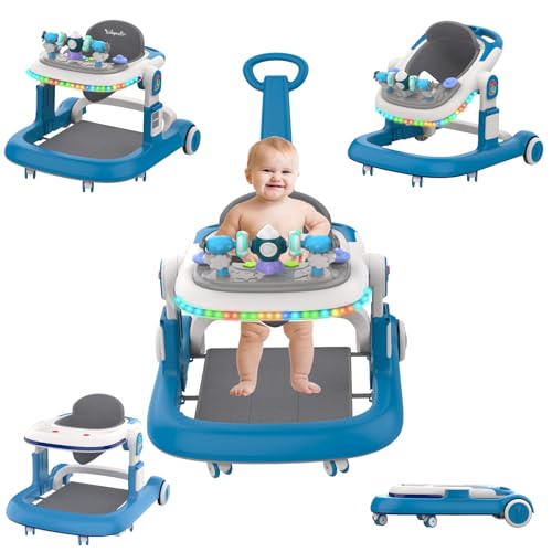 Baby Walker, Baby Walker with Wheels and LED Light, 4 in 1 Foldable Baby Walker, Adjustable Speed and 3 Height for Baby Girl and Baby Boy, Baby Walkers for Babies 6-18 Months