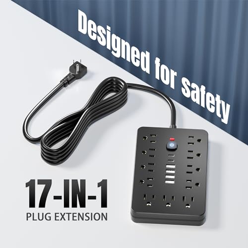 JouleLoom 6 FT Flat Plug Surge Protector Power Strip,11 Multiple AC Outlets with 6 USB Ports (2 USB C), 6 Feet Extension Cord, 1875W/15A, One Touch Switch Button, 17 in 1 Compact powerstrip