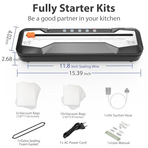 Vacuum Sealer Machine, Automatic Food Vacuum Sealer 5 Modes with 15 Sealer Bags and Built-in Cutter, Compact One-Touch Food Sealer Vac Pack Machine for Sous Vide & Dry Moist Foods, Black