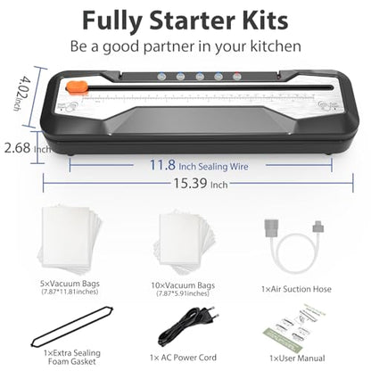 Vacuum Sealer Machine, Automatic Food Vacuum Sealer 5 Modes with 15 Sealer Bags and Built-in Cutter, Compact One-Touch Food Sealer Vac Pack Machine for Sous Vide & Dry Moist Foods, Black