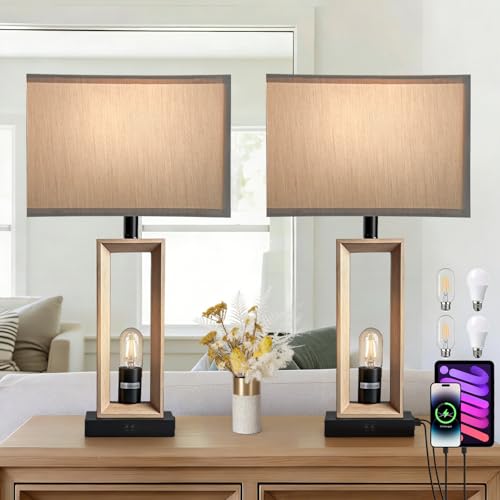 2 Pack Modern Farmhouse Table Lamps with USB Ports