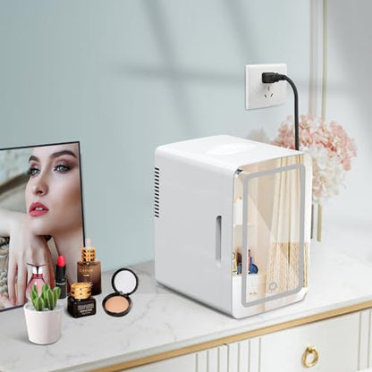 Living Enrichment Mini Fridge 6L Capacity, Skincare Fridge with Mirror, Portable Small Refrigerator Cooler or Warmer, AC DC Powered, for Drink Cosmetics, Skin Care, Bedroom Office Car, White