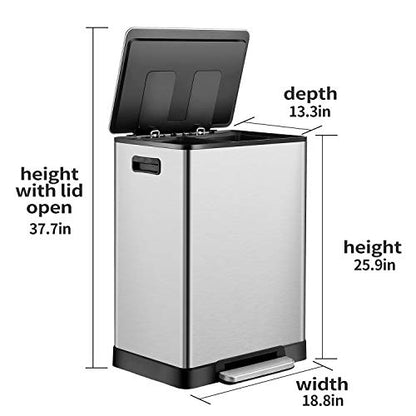 ToiletTree Products Stainless Steel 16 Gallon Trash Can - Durable Dual Trash Can for Garbage and Recycling - Stainless Steel Trash Bin for Household Cleaning - White