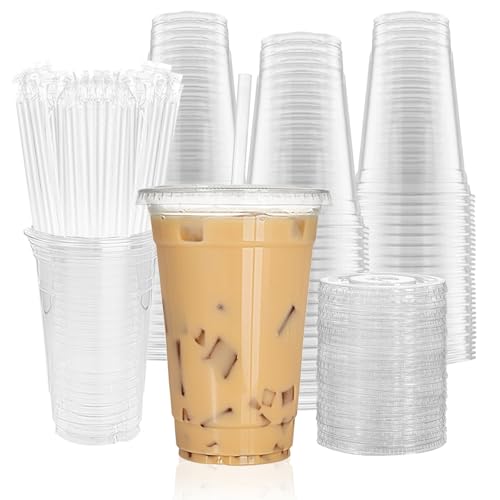 100 Pack 20oz Plastic Cups with Lids and Straws