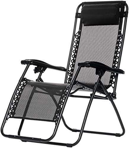 Amazon Basics Outdoor Textilene Adjustable Zero Gravity Folding Reclining Lounge Chair with Pillow, 26", Black