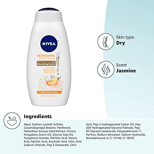 NIVEA Refreshing White Peach and Jasmine Body Wash, Scented Body Wash with Nourishing Serum, Plant-Derived Oils, Essential Skin Lipids and Vitamins, 20 Fl Oz Bottle