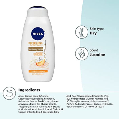 NIVEA Refreshing White Peach and Jasmine Body Wash, Scented Body Wash with Nourishing Serum, Plant-Derived Oils, Essential Skin Lipids and Vitamins, 20 Fl Oz Bottle