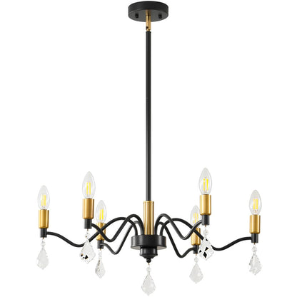 6-Light Black and Gold Chandelier with Crystal Decoration - Perfect for Farmhouse and Dining Room Lighting Fixtures