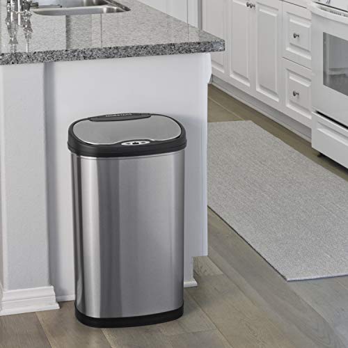 NINESTARS CB-DZT-50-13/12-13 Automatic Touchless Infrared Motion Sensor Trash Can Combo Set, 13 Gal 50L & 3 Gal 12L, Stainless Steel Base (Oval, Silver/Black Lid)