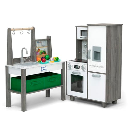 Delta Children Gourmet All-in-One Corner Play Kitchen - Toy Kitchen Playset with Safe & Heatless Stove with Lights, Oven, Sink, Fridge/Freezer with Ice Maker and 20 Accessories, Natural/White