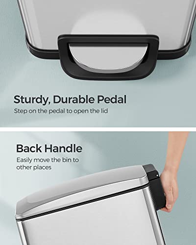 SONGMICS Slim Trash Can, 12.7 Gallon Garbage Can for Narrow Spaces with Soft-Close Lid, Inner Bucket, and Step-on Pedal, Stainless Steel, 15 Trash Bags Included, Silver ULTB510E48