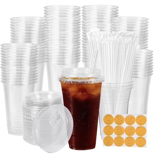 100 Pack 16oz Plastic Cups with Sip Lids