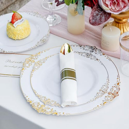 Nervure 350PCS Gold Plastic Plates - Gold Plastic Dinnerware Sets for 50 Guests - 100 Gold Disposable Plates, 150 Gold Plastic Silverware, 50 Cups, 50 Napkins for Wedding & Party