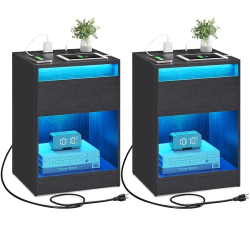 2 Pack VASAGLE LED Nightstands with Charging Station