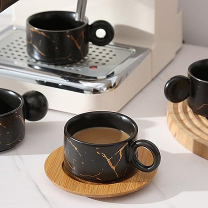 LURRIER Porcelain Espresso Cup with Saucer and Metal Stand, 3 Ounce Stackable Ceramic Demitasse Espresso Mugs Cups Set for Latte,Coffee,Cafe Mocha,Tea(Set of 4),Marbling Black