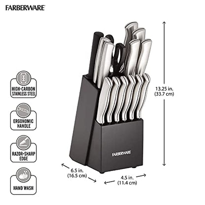 Farberware 15-Piece High-Carbon Stamped Stainless Steel Kitchen Knife Set with Wood Block, Steak Knives, Razor-Sharp, Black, Ultra-Sharp Blades, Ergonomic Comfort Grip