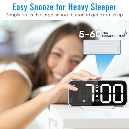 Alarm Clocks for Bedrooms, Slim LED Mirror Digital Alarm Clock, Large Display with Diming Mode, Dual Alarms & USB Ports, 4 Levels Brightness, Modern Decoration for Home Living Room Decor, White
