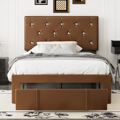 VECELO Twin Upholstered Platform Bed Frame with Drawers