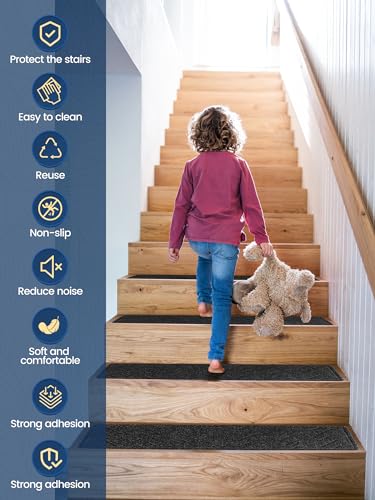 Prohalo Stair Treads Non Slip for Wooden Steps Indoor, 30"X8" Stair Runner，Peel and Stick Carpet for Stair Treads with Reusable Adhesive, Covers Staircase Step 15 Pcs Black