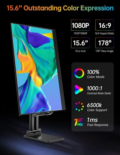 VILVA Portable-Monitor-for-Laptop - 15.6'' 1080P FHD IPS Display USB-C&HDMI Portable Monitor for Laptop with Cover and Speakers External Monitor for Laptop/PC/Mac/Phone/Xbox Switch/PS4/