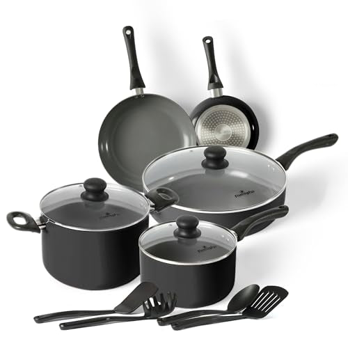 Flamingpan 12 Piece Nonstick Pots and Pans Sets,Kitchen Cookware with Ceramic Coating,Dishwasher Safe,Frying Pan Set with Lid, Induction Pots and Pans with Clearance,Suitable for Any Cooktop（Black）