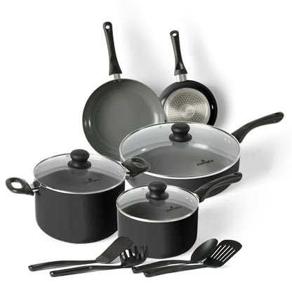 Flamingpan 12 Piece Nonstick Pots and Pans Sets,Kitchen Cookware with Ceramic Coating,Dishwasher Safe,Frying Pan Set with Lid, Induction Pots and Pans with Clearance,Suitable for Any Cooktop（Black）