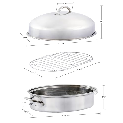 OVENTE Oval Stainless Steel Roasting Pan, 16” Oven Roaster and Baking Tray with Lid & Flat Rack, Nonstick Bakeware Dish Ideal for Cooking Turkey, Roasted Chicken, Beef or Veggies, Silver CWR32161S