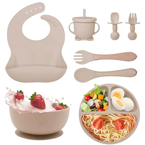 Silicone Baby Feeding Set, Fzyoayzm 8pcs Baby Led Weaning Supplies With Suction Bowl Divided Plate, Toddler Led Weaning Self Feeding Utensils Dish Set with Spoons Forks Sippy Cup Bib BPA-Free
