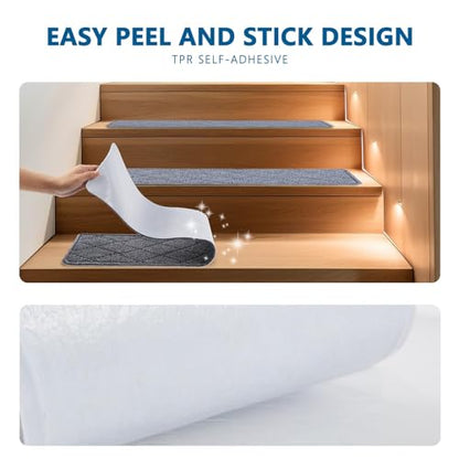 Stair Treads for Wooden Steps Indoor, KOOTETA 15 Pack 8" X 30" Non Slip Carpet Stair Treads with Reusable Adhesive for Kids Elders and Dogs, Surface Polyester TPR Backing Stair Rugs, Dark Grey