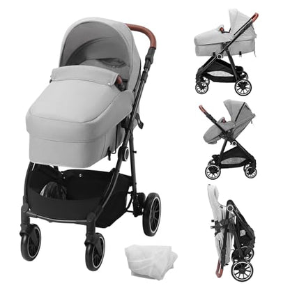 VEVOR Standard Baby Stroller, Infant Toddler Stroller with Bassinet, 3rd-Gear Adjustable Backrest & Foldable & Reversible Seat, Carbon Steel Newborn Stroller with Leg Cover and Mesh Net, Light Grey