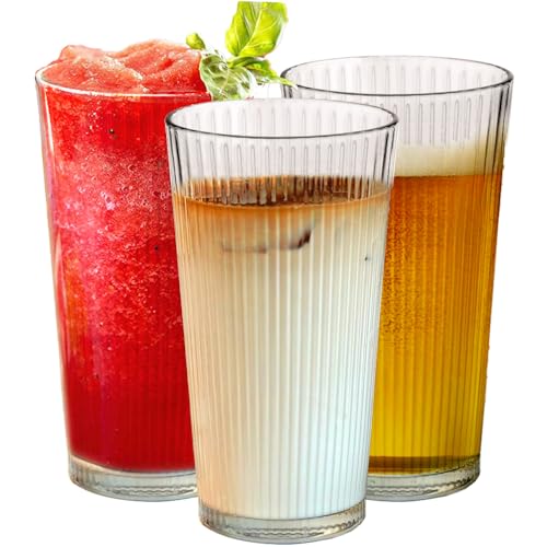 10 Pack Ribbed Glass Drinking Cups 16oz Heavy Base