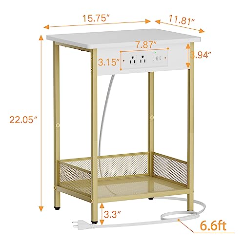 Yenlure Side Table Night Stands End Table with Charging Station Narrow Side Table Living Room Bedroom Small Side Tables for Small Spaces White