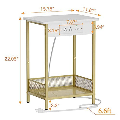 Yenlure Side Table Night Stands End Table with Charging Station Narrow Side Table Living Room Bedroom Small Side Tables for Small Spaces White