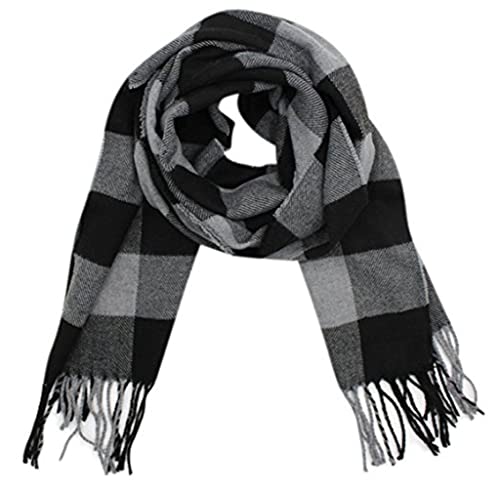 Rdylymx Men's Scarves Scarf Classic Arrival Winter Plaid Scarf Tassel Edge Soft Warm Scarf 72" × 13"(Black Grey)