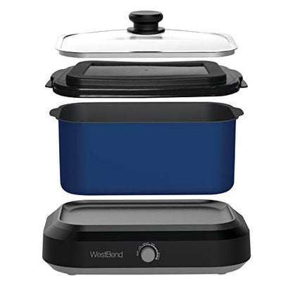 West Bend 87905B Slow Cooker Large Capacity Non-stick Vessel with Variable Temperature Control Includes Travel Lid and Thermal Carrying Case, 5-Quart, 760 watts, Blue