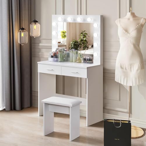 TUKAILAi Vanity Desk Set with Hollywood LED Lights, Mirror, 2 Large Drawers and Stool, Makeup Vanity Table with 3 Color Adjustable LED Lights for Bedroom (White)