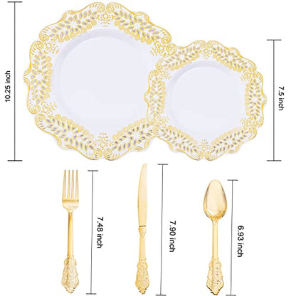 UPDATE: SOLD OUT! BUCLA 125PCS Gold Plastic Plates with Disposable Cutlery - White and Gold Plastic Dinnerware Include 25 Gold Dinner Plates, 25 Gold Dessert Plates, 25 Knives, 25 Forks, 25 Spoons for Thanksgiving
