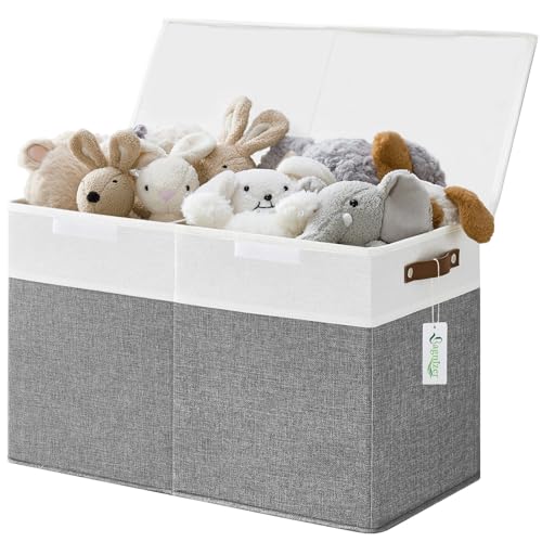 Bagnizer Large Toy Storage Box with Lids, Collapsible Sturdy Baby Storage Organizer Chest Bin Basket for Kids, Boys, Girls, Playroom, Nursery, Bedroom, Closet 25"x13"x16" (Gray and White)