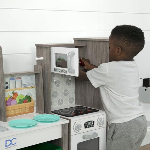 Delta Children Gourmet All-in-One Corner Play Kitchen - Toy Kitchen Playset with Safe & Heatless Stove with Lights, Oven, Sink, Fridge/Freezer with Ice Maker and 20 Accessories, Natural/White