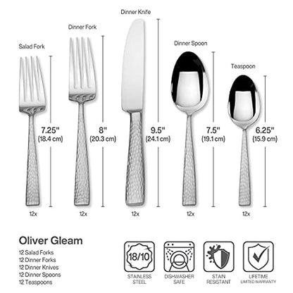 Mikasa Oliver Gleam Silverware, 18/10 Stainless Steel Cutlery 12, Inlcludes 5 Serving Untensils, 65 Piece Set, Silver