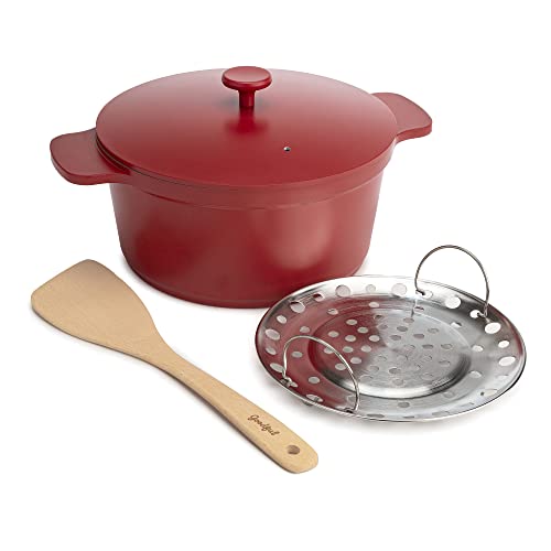 Goodful All-In-One Pot, Multilayer Nonstick, High Performance Cast Dutch Oven With Matching Lid, Roasting Rack And Turner, Made Without PFOA, Dishwasher Safe Cookware, 4.7-Quart, Crimson Red