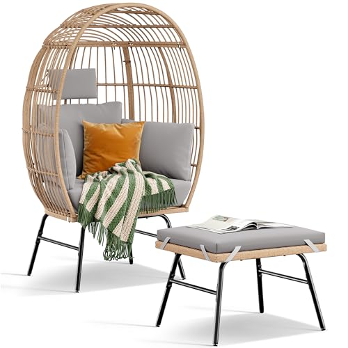 YITAHOME Outdoor Egg Chair with Footrest, Patio Wicker Basket Chair with 2-in-1 Ottoman, Indoor Egg Chairs with Stand & Cushion Cocoon Chair for Bedroom, Outside, Balcony (Grey)