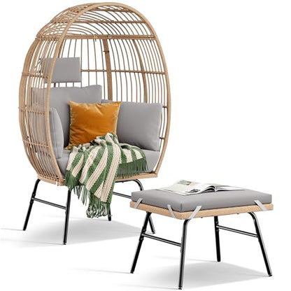 YITAHOME Outdoor Egg Chair with Footrest, Patio Wicker Basket Chair with 2-in-1 Ottoman, Indoor Egg Chairs with Stand & Cushion Cocoon Chair for Bedroom, Outside, Balcony (Grey)